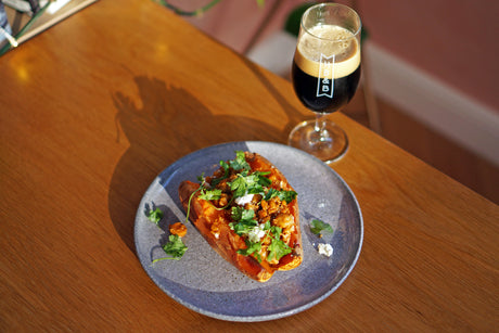 The Beer Lover's Table: Baked Sweet Potatoes Stuffed with Spiced Harissa Chickpeas and Goat Cheese with HB&B x The Kernel Tropical Stout