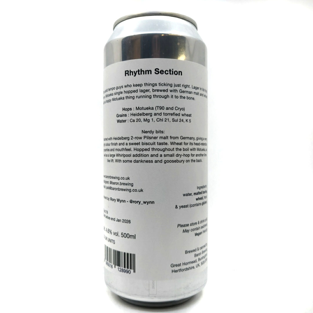 Baron Brewing Rhythm Section Lager 4.6% (500ml can)-Hop Burns & Black